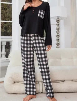 New Women's Pajamas Sets Grid / Plaid Casual Comfort Home Bed Breathable Crew Neck Long Sleeve T shirt Tee Pant Button Pocket Fall Winter Home Outfits Women Pajama-Setter
