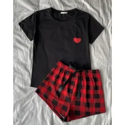 New Women's Pajamas Sets Heart Grid / Plaid Fashion Comfort Home Daily Bed Breathable Crew Neck Short Sleeve T shirt Tee Shorts Elastic Waist Summer Spring Home Outfits Women Pajama-Setter