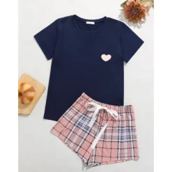 New Women's Pajamas Sets Heart Grid / Plaid Fashion Comfort Home Daily Bed Breathable Crew Neck Short Sleeve T shirt Tee Shorts Elastic Waist Summer Spring Home Outfits Women Pajama-Setter