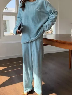 New Women's Pajamas Sets Letter Plush Casual Comfort Home Daily Bed Coral Fleece Coral Velvet Warm Crew Neck Long Sleeve Pullover Pant Elastic Waist Fall Winter Light Pink White Home Outfits Women Pajama-Setter