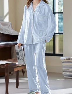 Sale Women's Pajamas Sets Letter Casual Comfort Home Daily Bed Cotton Breathable Lapel Long Sleeve Shirt Pant Button Pocket Fall Winter Home Outfits Women Pajama-Setter