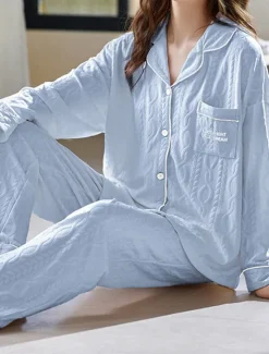 Sale Women's Pajamas Sets Letter Casual Comfort Home Daily Bed Cotton Breathable Lapel Long Sleeve Shirt Pant Button Pocket Fall Winter Home Outfits Women Pajama-Setter