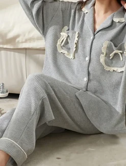 Sale Women's Pajamas Sets Letter Casual Comfort Home Daily Bed Cotton Breathable Lapel Long Sleeve Shirt Pant Button Pocket Fall Winter Home Outfits Women Pajama-Setter