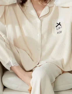 Sale Women's Pajamas Sets Letter Casual Comfort Home Daily Bed Cotton Breathable Lapel Long Sleeve Shirt Pant Button Pocket Fall Winter Home Outfits Women Pajama-Setter