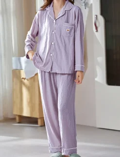 Sale Women's Pajamas Sets Letter Casual Comfort Home Daily Bed Cotton Breathable Lapel Long Sleeve Shirt Pant Button Pocket Fall Winter Home Outfits Women Pajama-Setter