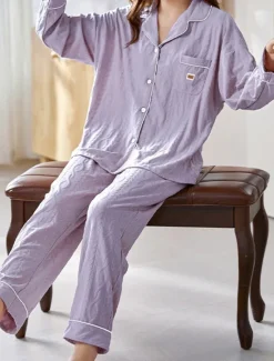 Sale Women's Pajamas Sets Letter Casual Comfort Home Daily Bed Cotton Breathable Lapel Long Sleeve Shirt Pant Button Pocket Fall Winter Home Outfits Women Pajama-Setter