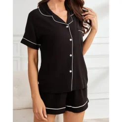 Best Women's Pajamas Sets Pure Color Fashion Comfort Home Daily Bed Rayon Breathable Lapel Short Sleeve Shirt Shorts Button Pocket Summer Spring Home Outfits Women Pajama-Setter