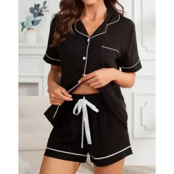 Best Women's Pajamas Sets Pure Color Fashion Comfort Home Daily Bed Rayon Breathable Lapel Short Sleeve Shirt Shorts Button Pocket Summer Spring Home Outfits Women Pajama-Setter