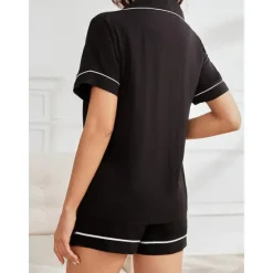 Best Women's Pajamas Sets Pure Color Fashion Comfort Home Daily Bed Rayon Breathable Lapel Short Sleeve Shirt Shorts Button Pocket Summer Spring Home Outfits Women Pajama-Setter