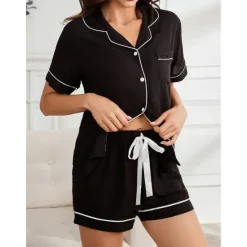 Best Women's Pajamas Sets Pure Color Fashion Comfort Home Daily Bed Rayon Breathable Lapel Short Sleeve Shirt Shorts Button Pocket Summer Spring Home Outfits Women Pajama-Setter