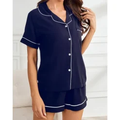 Best Women's Pajamas Sets Pure Color Fashion Comfort Home Daily Bed Rayon Breathable Lapel Short Sleeve Shirt Shorts Button Pocket Summer Spring Home Outfits Women Pajama-Setter