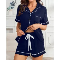 Best Women's Pajamas Sets Pure Color Fashion Comfort Home Daily Bed Rayon Breathable Lapel Short Sleeve Shirt Shorts Button Pocket Summer Spring Home Outfits Women Pajama-Setter