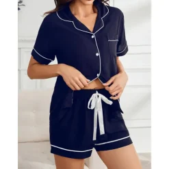 Best Women's Pajamas Sets Pure Color Fashion Comfort Home Daily Bed Rayon Breathable Lapel Short Sleeve Shirt Shorts Button Pocket Summer Spring Home Outfits Women Pajama-Setter