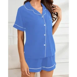 Best Women's Pajamas Sets Pure Color Fashion Comfort Home Daily Bed Rayon Breathable Lapel Short Sleeve Shirt Shorts Button Pocket Summer Spring Home Outfits Women Pajama-Setter