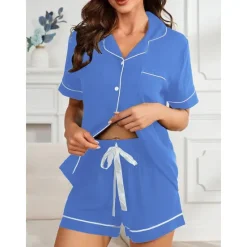 Best Women's Pajamas Sets Pure Color Fashion Comfort Home Daily Bed Rayon Breathable Lapel Short Sleeve Shirt Shorts Button Pocket Summer Spring Home Outfits Women Pajama-Setter