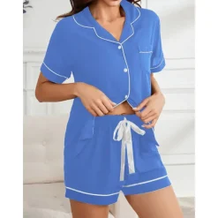 Best Women's Pajamas Sets Pure Color Fashion Comfort Home Daily Bed Rayon Breathable Lapel Short Sleeve Shirt Shorts Button Pocket Summer Spring Home Outfits Women Pajama-Setter
