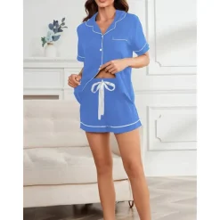 Best Women's Pajamas Sets Pure Color Fashion Comfort Home Daily Bed Rayon Breathable Lapel Short Sleeve Shirt Shorts Button Pocket Summer Spring Home Outfits Women Pajama-Setter