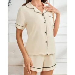 Best Women's Pajamas Sets Pure Color Fashion Comfort Home Daily Bed Rayon Breathable Lapel Short Sleeve Shirt Shorts Button Pocket Summer Spring Home Outfits Women Pajama-Setter