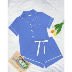 Best Women's Pajamas Sets Pure Color Fashion Comfort Home Daily Bed Rayon Breathable Lapel Short Sleeve Shirt Shorts Button Pocket Summer Spring Home Outfits Women Pajama-Setter