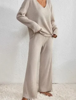 Hot Women's Pajamas Sets Pure Color Fashion Comfort Home Daily Bed Knit Breathable V Wire Long Sleeve Pant Elastic Waist Spring Fall Black Camel Home Outfits Women Pajama-Setter