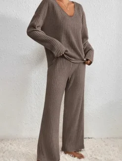 Hot Women's Pajamas Sets Pure Color Fashion Comfort Home Daily Bed Knit Breathable V Wire Long Sleeve Pant Elastic Waist Spring Fall Black Camel Home Outfits Women Pajama-Setter