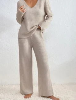 Hot Women's Pajamas Sets Pure Color Fashion Comfort Home Daily Bed Knit Breathable V Wire Long Sleeve Pant Elastic Waist Spring Fall Black Camel Home Outfits Women Pajama-Setter