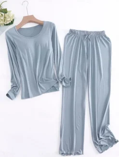 Sale Women's Pajamas Sets Pure Color Casual Comfort Home Bed Modal Breathable Crew Neck Long Sleeve Shirt Pant Fall Winter Home Outfits Women Pajama-Setter