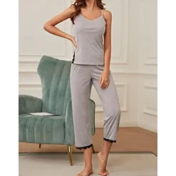 Sale Women's Pajamas Sets Pure Color Comfort Home Daily Bed Breathable Strap Top Pant Summer Home Outfits Women Pajama-Setter