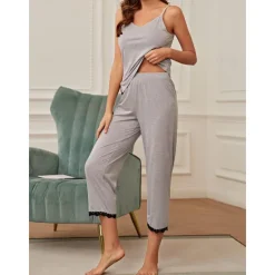 Sale Women's Pajamas Sets Pure Color Comfort Home Daily Bed Breathable Strap Top Pant Summer Home Outfits Women Pajama-Setter