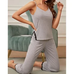 Sale Women's Pajamas Sets Pure Color Comfort Home Daily Bed Breathable Strap Top Pant Summer Home Outfits Women Pajama-Setter
