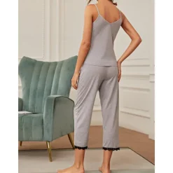 Sale Women's Pajamas Sets Pure Color Comfort Home Daily Bed Breathable Strap Top Pant Summer Home Outfits Women Pajama-Setter