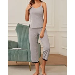 Sale Women's Pajamas Sets Pure Color Comfort Home Daily Bed Breathable Strap Top Pant Summer Home Outfits Women Pajama-Setter