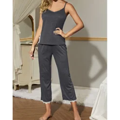Sale Women's Pajamas Sets Pure Color Comfort Home Daily Bed Breathable Strap Top Pant Summer Home Outfits Women Pajama-Setter