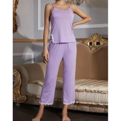 Sale Women's Pajamas Sets Pure Color Comfort Home Daily Bed Breathable Strap Top Pant Summer Home Outfits Women Pajama-Setter