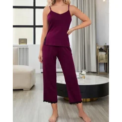 Sale Women's Pajamas Sets Pure Color Comfort Home Daily Bed Breathable Strap Top Pant Summer Home Outfits Women Pajama-Setter