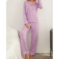 Outlet Women's Pajamas Sets Pure Color Fashion Basic Comfort Home Daily Bed Breathable Lapel Long Sleeve Shirt Pant Button Pocket Fall Winter Home Outfits Women Pajama-Setter