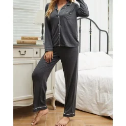 Outlet Women's Pajamas Sets Pure Color Fashion Basic Comfort Home Daily Bed Breathable Lapel Long Sleeve Shirt Pant Button Pocket Fall Winter Home Outfits Women Pajama-Setter