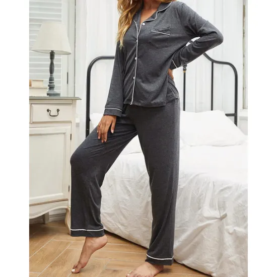 Outlet Women's Pajamas Sets Pure Color Fashion Basic Comfort Home Daily Bed Breathable Lapel Long Sleeve Shirt Pant Button Pocket Fall Winter Home Outfits Women Pajama-Setter