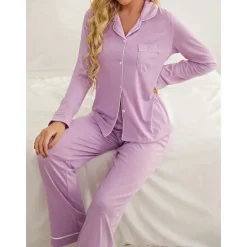 Outlet Women's Pajamas Sets Pure Color Fashion Basic Comfort Home Daily Bed Breathable Lapel Long Sleeve Shirt Pant Button Pocket Fall Winter Home Outfits Women Pajama-Setter