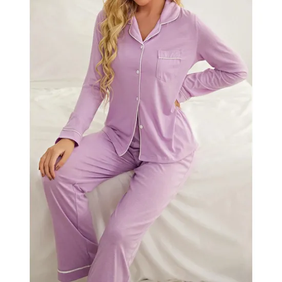 Outlet Women's Pajamas Sets Pure Color Fashion Basic Comfort Home Daily Bed Breathable Lapel Long Sleeve Shirt Pant Button Pocket Fall Winter Home Outfits Women Pajama-Setter
