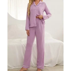 Outlet Women's Pajamas Sets Pure Color Fashion Basic Comfort Home Daily Bed Breathable Lapel Long Sleeve Shirt Pant Button Pocket Fall Winter Home Outfits Women Pajama-Setter