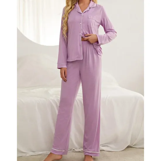 Outlet Women's Pajamas Sets Pure Color Fashion Basic Comfort Home Daily Bed Breathable Lapel Long Sleeve Shirt Pant Button Pocket Fall Winter Home Outfits Women Pajama-Setter