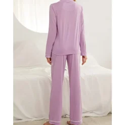 Outlet Women's Pajamas Sets Pure Color Fashion Basic Comfort Home Daily Bed Breathable Lapel Long Sleeve Shirt Pant Button Pocket Fall Winter Home Outfits Women Pajama-Setter