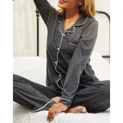 Outlet Women's Pajamas Sets Pure Color Fashion Basic Comfort Home Daily Bed Breathable Lapel Long Sleeve Shirt Pant Button Pocket Fall Winter Home Outfits Women Pajama-Setter