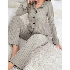 Sale Women's Pajamas Sets Pure Color Fashion Comfort Home Daily Bed Knit Breathable V Wire Long Sleeve Sweater Pant Elastic Waist Fall Winter Home Outfits Women Pajama-Setter