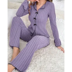 Sale Women's Pajamas Sets Pure Color Fashion Comfort Home Daily Bed Knit Breathable V Wire Long Sleeve Sweater Pant Elastic Waist Fall Winter Home Outfits Women Pajama-Setter