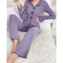 Sale Women's Pajamas Sets Pure Color Fashion Comfort Home Daily Bed Knit Breathable V Wire Long Sleeve Sweater Pant Elastic Waist Fall Winter Home Outfits Women Pajama-Setter