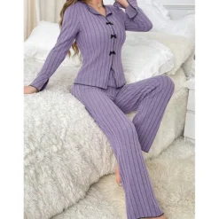 Sale Women's Pajamas Sets Pure Color Fashion Comfort Home Daily Bed Knit Breathable V Wire Long Sleeve Sweater Pant Elastic Waist Fall Winter Home Outfits Women Pajama-Setter