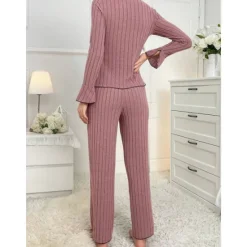 Sale Women's Pajamas Sets Pure Color Fashion Comfort Home Daily Bed Knit Breathable V Wire Long Sleeve Sweater Pant Elastic Waist Fall Winter Home Outfits Women Pajama-Setter