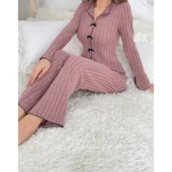Sale Women's Pajamas Sets Pure Color Fashion Comfort Home Daily Bed Knit Breathable V Wire Long Sleeve Sweater Pant Elastic Waist Fall Winter Home Outfits Women Pajama-Setter
